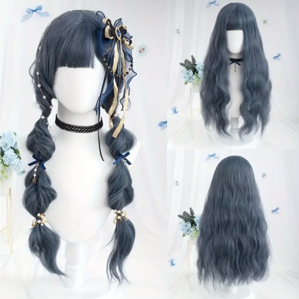 26 Inch blue Long Body Wave Hair Wigs With Bangs